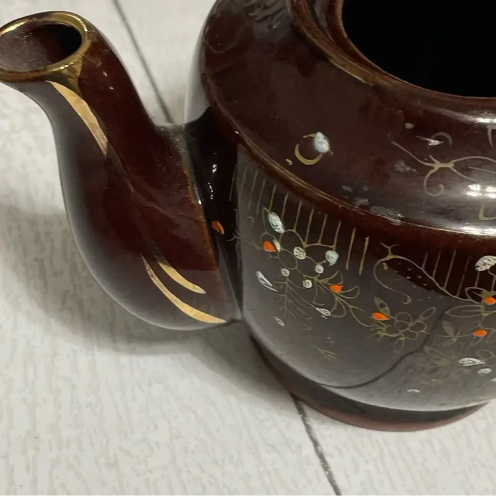 Vintage Hand Painted Japan Brown Floral Ceramic Teapot